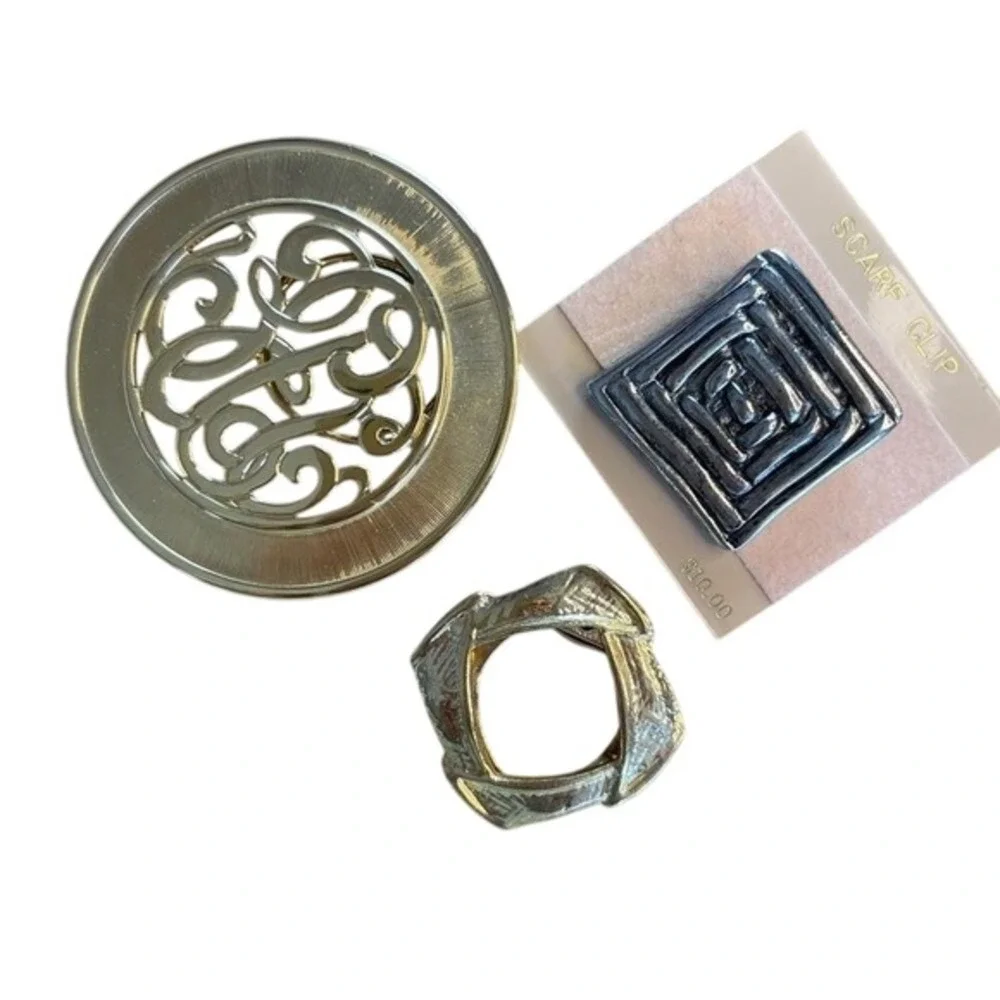 Scarf Clip Set Gold Silver Tone Vintage Geometric Filigree‎ 3pc Bundle
